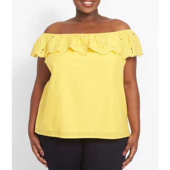 LANE BRYANT classic off shoulder eyelet top in yellow size 18/20 - Picture 1 of 7
